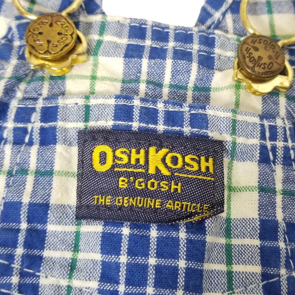 OshKosh B'Gosh Vintage 90's Shortalls Size 12M Blue White Plaid Vestbak USA